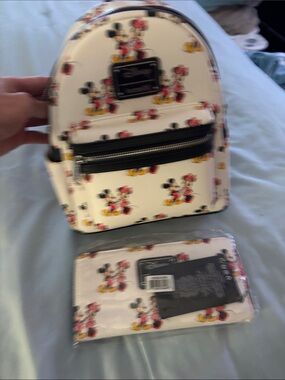 Disney Cream Mickey & Minnie Repeat Print Mini Backpack with Matching Wallet